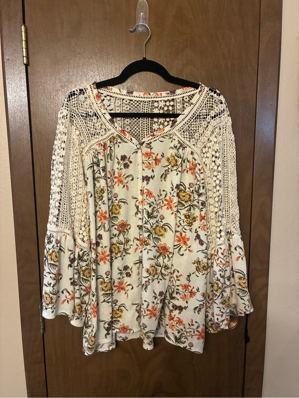 Boho Crochet Yoke Floral Blouse - White with Orange & Green Floral